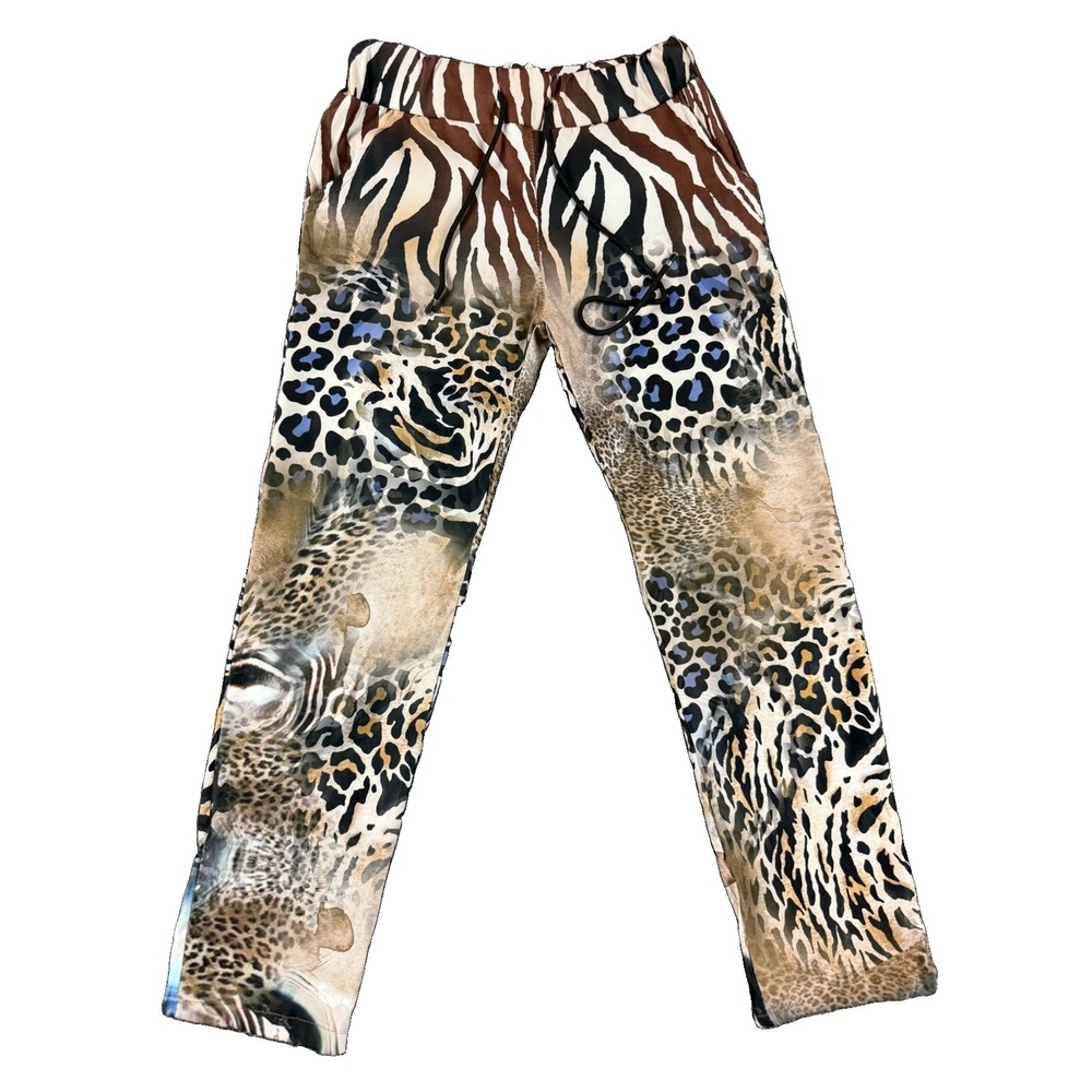 Gigi Moda Woman's Pull On Pants 28W Drawstring Tiger Leopard Lounge Made Italy